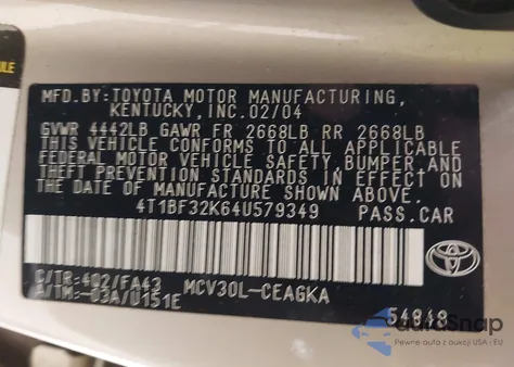 2004 Toyota Camry Le/Xle/Se z USA, uszkodzony, nr VIN 4T1BF32K64U579349